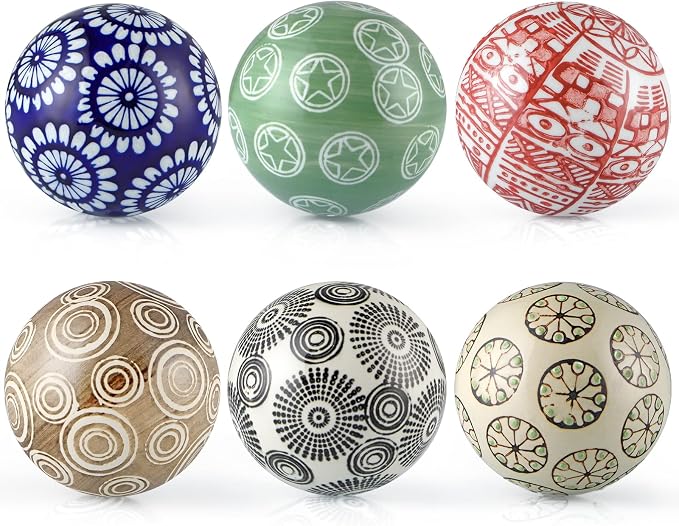 Decorative Porcelain Balls, 3" Centerpiece Balls Set, Floating Ceramic Orbs Spheres for Bowl, Vase, Basket, Dish, Fish Tank, Home Decor, Pack of 6 (Assorted Geometric)