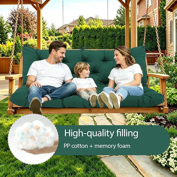 Durable Extra 5" Thick Outdoor Swing Cushions 3 Seater Waterproof Replacement Porch Swing Cushions with Backrest and Ties Fade-Resistant for Outdoor Patio Long Bench Furniture(Dark Green 60×40×5")