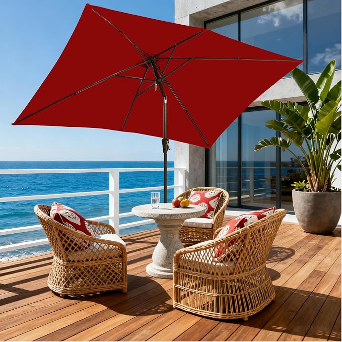 6.5x10FT Rectangular Patio Umbrella with Push Button Tilt & Crank Lift for Garden,UV Protection Outdoor Umbrella for Deck,Pool and Yard,Red