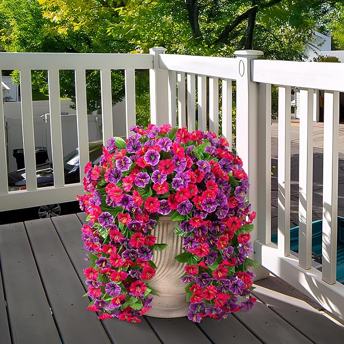 INXUGAO Artificial Flowers with Hanging Basket, Outdoor Faux Plants Silk Morning Glory Vines, Fake Green Arrangement for Garden Patio Spring Summer Decor(4pcs,Hot Pink Purple)