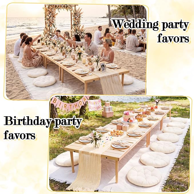 Beeveer 71x150'' Extra Large Outdoor Picnic Blanket with Beige Table Runner 12 Napkins and 12 Beige Floor Pillow Cushions for Picnic Party Camping Wedding Bachelorette Birthday Baby Shower Decor