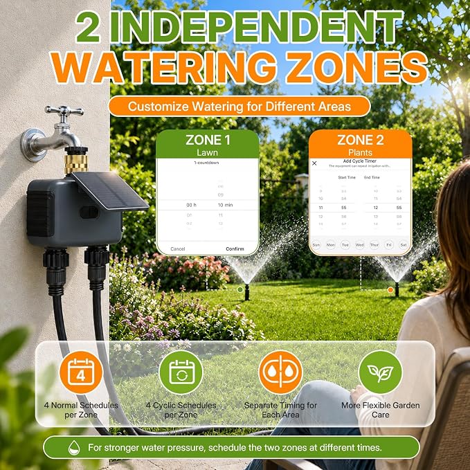 Mcbazel Solar & Type-C Charging WiFi Water Timer for Garden Hose, Smart 2-Zone Sprinkler Controller with App & Voice Control, Programmable Irrigation System with Auto & Manual Modes for Yard