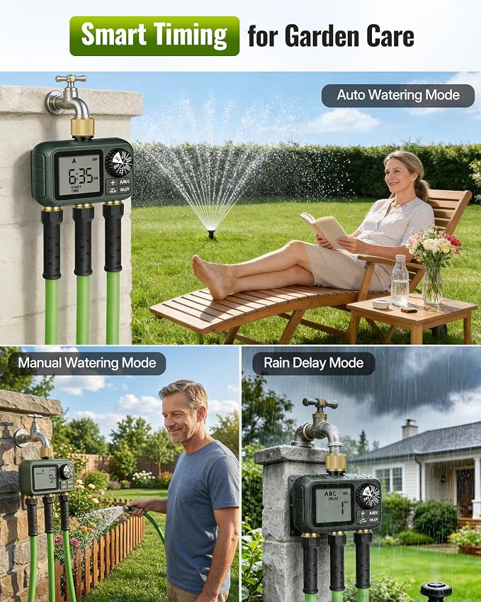 Brass Sprinkler Timer with Swivel, Programmable Water Timer for Garden Hose with Auto/Manual/Rain Delay Watering, Digital Irrigation System Kit,for Garden, Yard, Lawn 3 Outlet F13WT06