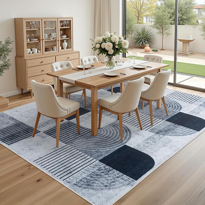 8x10 Area Rugs Washable Living Room Rug - Non-Slip Carpets Modern Rug | Neutral Soft Abstract Carpet Indoor Floor Stain Resistant Carpets for Bedroom Dining Room Nursery Home Office, Blue & Gray
