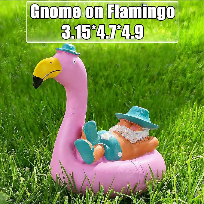 Teaeeno Garden Gnome on Flamingo - Funny Gnome Figurine - Cute Gnome Lawn Statue - for Outdoor or House Decor