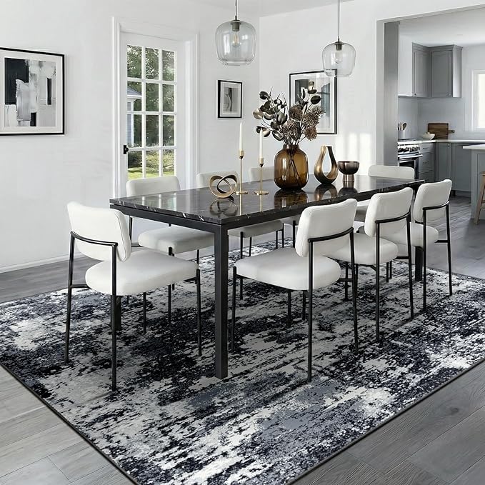 RELEANY Washable 8'x10' Abstract Area Rug for Living Room Black White | Carpet for Bedroom, Kitchen, Office, Hallway and Entryway, Printed Pattern, Non‑Slip, Soft, Stain‑Resistant, Easy to Clean