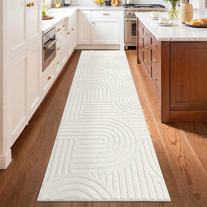 SHACOS Soft Cozy Fluffy Arch Pattern High Low Pile Runner Rugs 2'x8' Non Slip Washable Scandi Minimalist Area Rug Runner Modern Carpet for Living Room Bedroom Bathroom Hallway Kitchen, Cream White