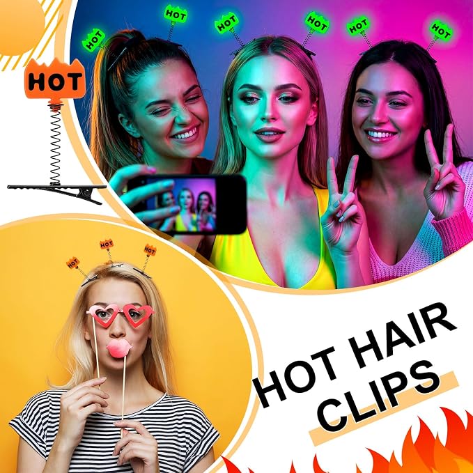 Tigeen 30 Pcs Glow Rave Trinkets Festival Flame Hot Hair Clip Holiday Spring Loaded Funny Fire Hair Accessories for Women Music Festival Halloween Carnival Costume Cosplay Party Photo Props