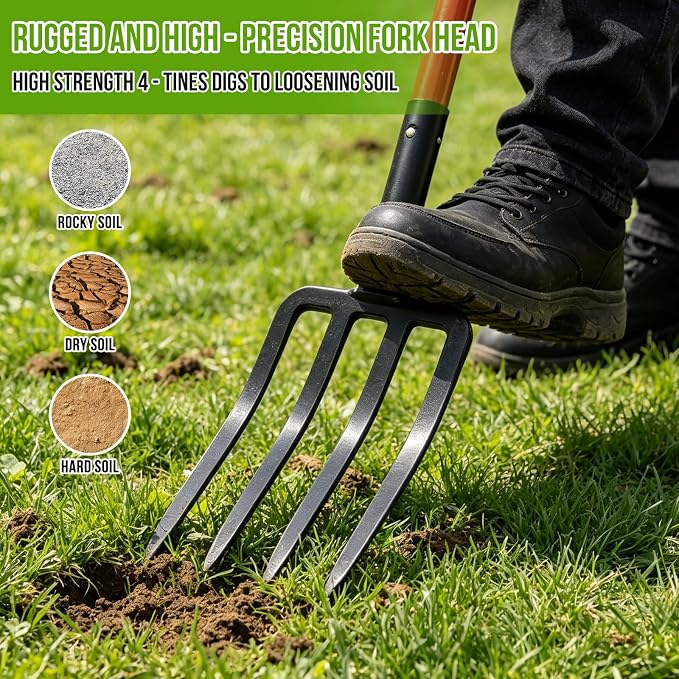 Pitch Fork, 42.5 inch One-Piece Garden Fork with Metal 4 Tines & Fiberglass D Handle, Heavy Duty Pitchforks for Gardening Digging Composting Soil Loosening