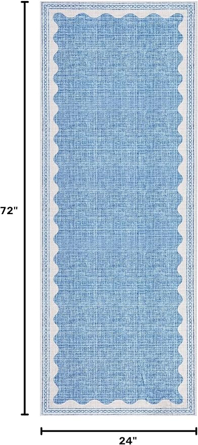 GarveeHome 2x6 Runner Rug for Hallway Washable Kitchen Rugs Non Slip Solid Blue Modern Minimalism Soft Low-Pile Scalloped Indoor Carpet for Entryway Laundry Room Floor Mats