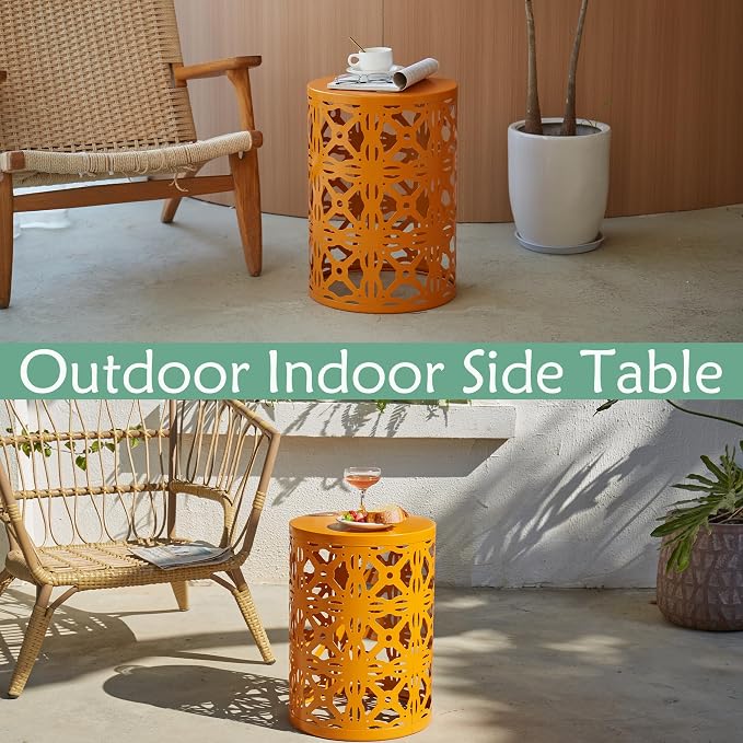 Y&M Outdoor Side Tables Set of 3, Round Metal Stacking Patio Side Tables, Indoor & Outdoor End Tables, Decorative Garden Stool Plant Stand for Patio, Garden, Balcony, Porch, Orange