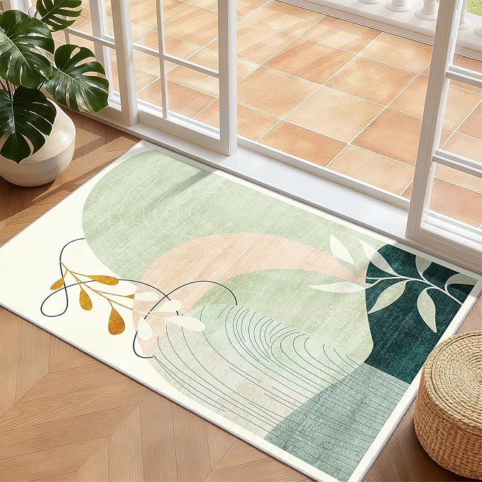 2x3 Washable Rug Small Area Rugs Non Slip Mid Century Modern | Throw Carpet for Bathroom Entryway Entry Entrance Bedroom Bedside Floor Indoor Boho Abstract Retro Geometric Green