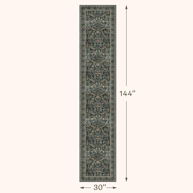 Dark Green 2'6"x12' Long Runner Rugs for Hallway, Washable Non Skid 12ft Wide Kitchen Runner Rug Vintage Floral Entryway Indoor Mat Décor,Soft Low Pile Stain Resistant Carpet