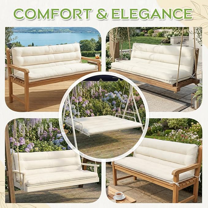 60×40 INCH Outdoor Swing Cushion with Backrest, Tie Straps & Memory Foam - Replacement for Porch Bench 2/3 Seater, Oxford Fabric (Cream, 60 INCH × 40 INCH)