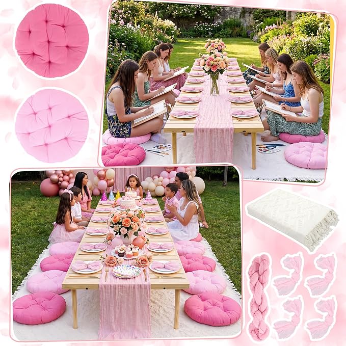 Beeveer 71x150'' Extra Large Outdoor Picnic Blanket with Pink Table Runner 12 Napkins and 12 Pink Floor Pillow Cushions for Picnic Party Camping Wedding Bachelorette Birthday Baby Shower Decor