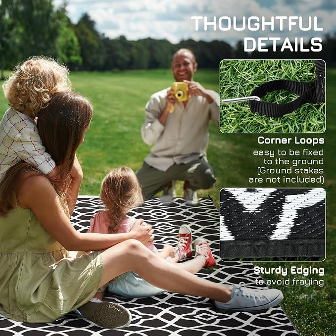 Outsunny Outdoor Rug for Patio, 9' x 18' Waterproof Large Mat, Reversible Plastic Straw Rug for Decor, Portable Outside RV Camping Area Carpet Mat for Backyard Porch Deck Picnic, Black & White Clover