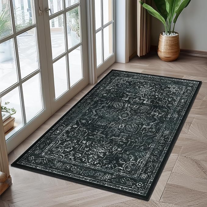 Black Distressed 3x5 Area Rugs for Entryway Foyer, Washable Non Slip Low Pile Throw Rugs for Kitchen, Dark Vintage Medallion Pinted Carpet for Bedroom/Bathroom/Closet/Dorm/Home Office
