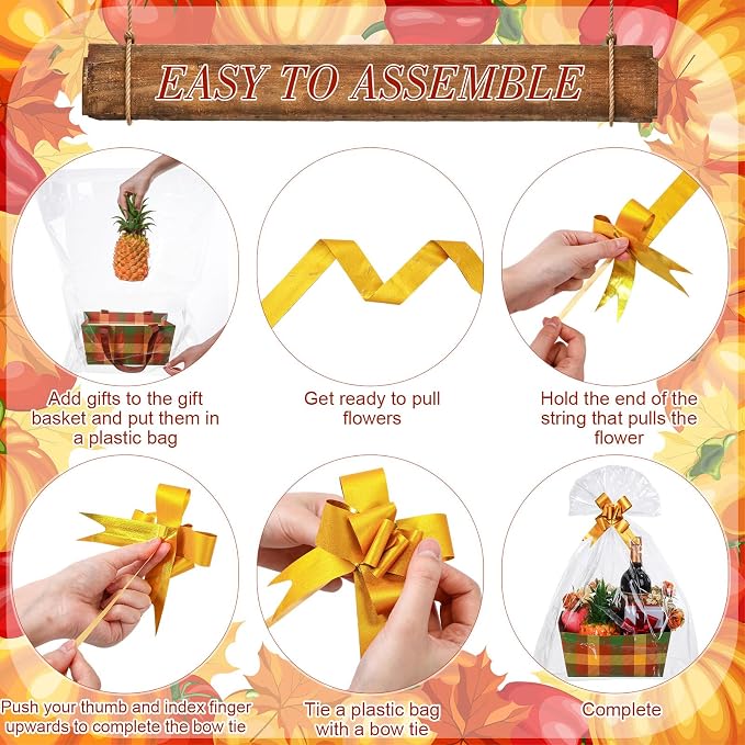 Qinyoung 12 Pcs Thanksgiving Basket for Gifts Empty 9.8 x 6.5'' Fall Plaid Gift Basket Empty to Fill with Handles, Bows, Plastic Bags and Twist Ties for Autumn Thanksgiving Party Favor Supplies