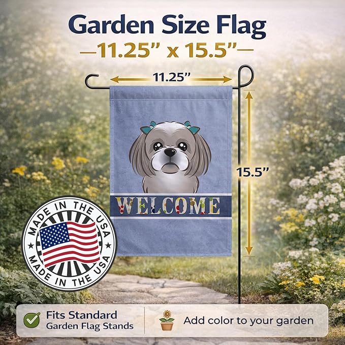 Caroline's Treasures BB1436GF Gray Silver Shih Tzu Welcome Garden Flag, Blue Mailbox Flag Decorative Yard Flag Banner Outside Patio Artwork Yard Flower Beds, Garden Size, Multicolor