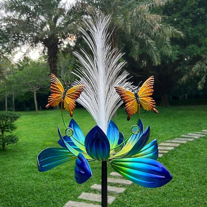 Solar Wind Spinner Outdoor, 49" Lotus Flower & Butterfly Metal Wind Spinner with Color-Changing Fiber Optic Solar Lights, Kinetic Garden Windmill Yard Art for Lawn Patio Pathway Decor
