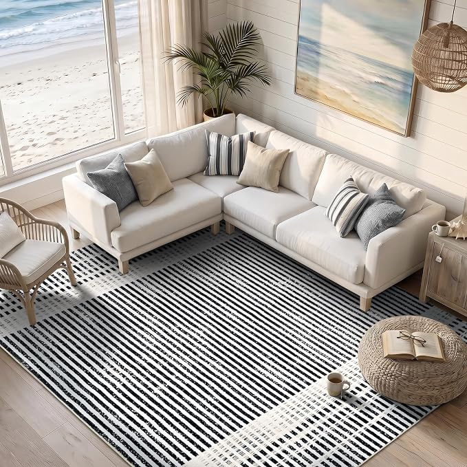 Washable 6x9 Modern Striped Area Rug, Abstract Living Room Rug | Black Beige, Soft Low Pile, Skin Friendly, Non-Slip for High Traffic, Bedroom Vintage Braided Paid Style Home Decor