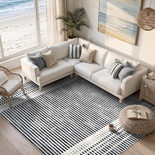 Washable 8x10 Modern Striped Area Rug, Abstract Large Living Room Rug | Black Beige, Soft Low Pile, Skin Friendly, Non-Slip for High Traffic, Bedroom Vintage Braided Paid Style Home Decor