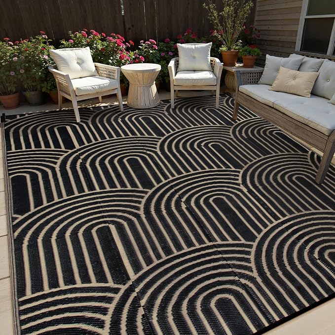Lahome Black and White Outdoor Rug 9x12,Large Camping Rugs for Outside Your Rv,Outdoor Plastic Straw Mats Patio Waterproof,Porch Carpets for Beach Backyard Garden(Black,9'x12')