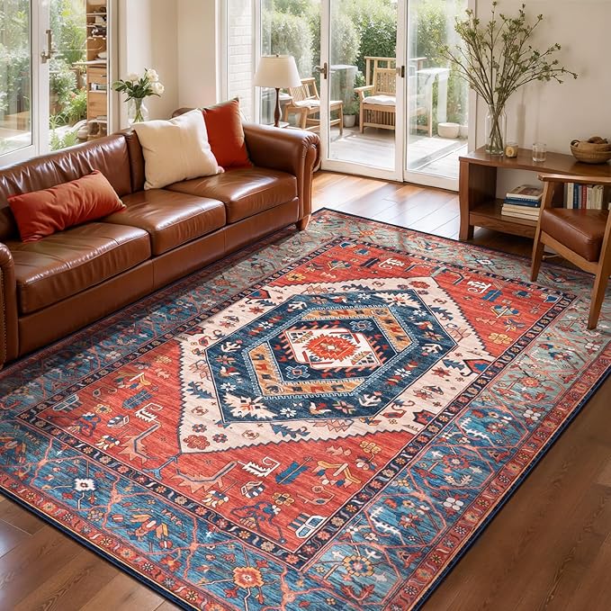 SERISSA 3x5 Washable Non Slip Boho Area Rug for Bedroom，Rust | Ultra Soft Vintage Oriental Carpet Low-Pile Distressed Tribal Throw Rug Carpet for Living Room Nursery Kitchen Dorm Decor