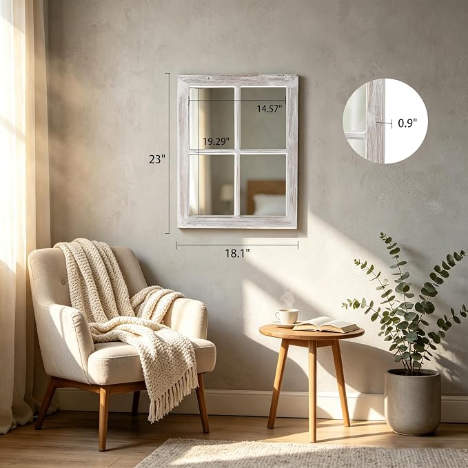 Farmhouse Window Pane Mirror, Washed White, 18 X 23 Inch | Hanging Rectangle Faux Window Mirrors, Handmade Rustic Wood Framed Windowpane Mirror for Kitchen, Horizontal or Vertical
