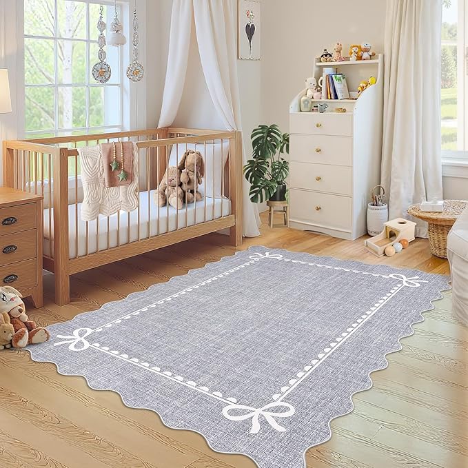 GarveeHome Scalloped Bow Rug 5x7 Washable Grey Rugs for Bedroom Living Room | Non Slip Soft Low Pile Indoor Carpet for Nursery Girls Bedroom Decor Hallway Kids Room College Dorm Playroom