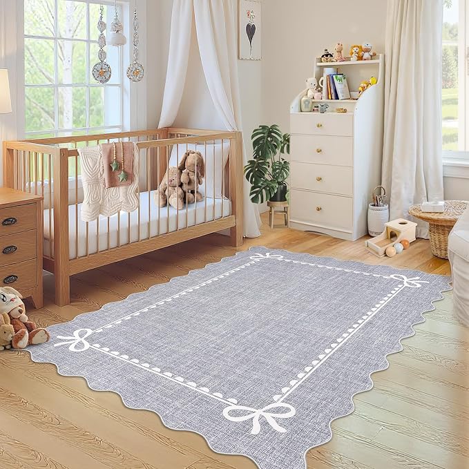 GarveeHome Scalloped Bow Rug 8x10 Washable Grey Rug for Bedroom Living Room | Non Slip Soft Low Pile Indoor Large Carpet for Nursery Girls Bedroom Decor Hallway Kids Room College Dorm Playroom