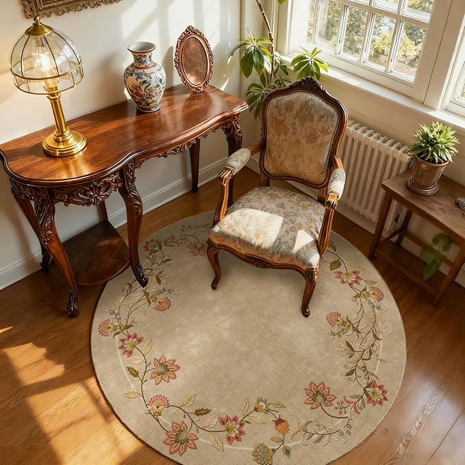 Washable Bedroom Round Rug 4ft: Living Room Circle Rug Stain Resistant Non Slip Low Pile Soft Faux Wool Small Area Rugs for Bedroom Kitchen Bathroom Entryway Kids Room Entrance Nursery Dorm Office