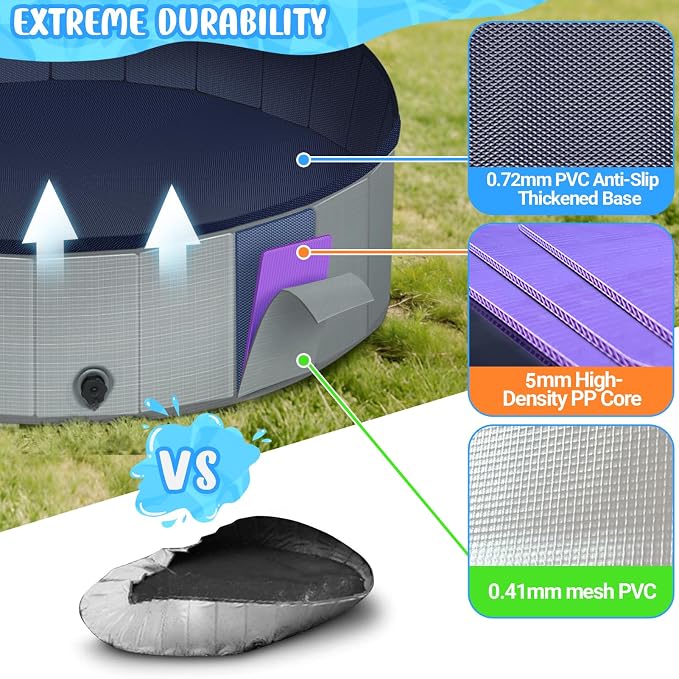 Dog Kiddie Pool for Large Dogs, Multiple Pets, Kids, 71" Gray | Includes Repair Patches, Non-Slip Bottom, Scratch-Resistant, Collapse Prevention, Indoor & Outdoor Use, Easy Maintenance