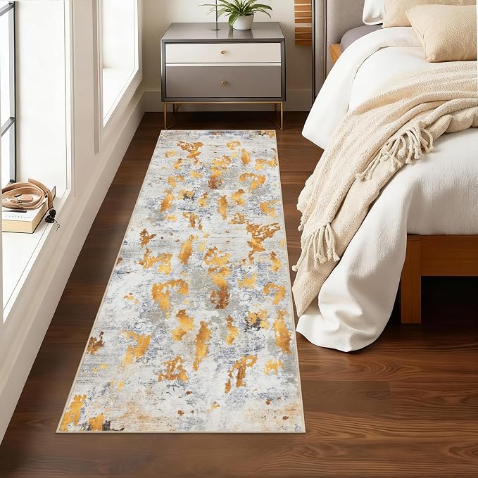 Gold Runner Rugs for Hallway: Abstract Washable Runner Rug 2x6 for Entryway Kitchen Bedroom Bathroom - Modern Cozy Home Decor Long Carpet Mat Stain-Resistant