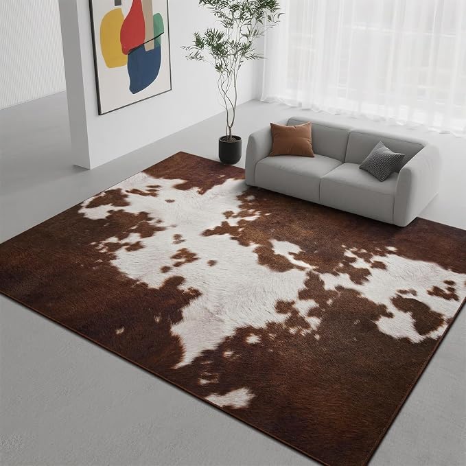 DweIke Cow Print Rugs for Living Room, 8x10 Large Soft Faux Animal Cowhide Area Rug, Washable Non-Slip Stain Resistant Throw Carpet for Dining Room Office Western Home Decor, Red Brown