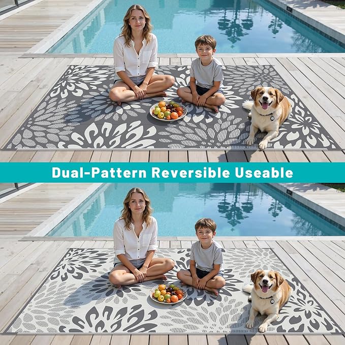 HEBE Waterproof Outdoor Rug 6x9 for Patios, Floral Reversible Plastic Straw Rug Patio Mat, Indoor Outdoor Carpet RV Mat Camping Rug for Deck, Camper, Porch, Balcony, Backyard, Picnic