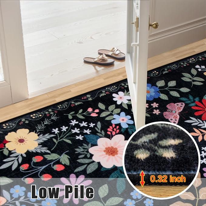 PLHXFR Area Rug 10x14 Living Room: Floral Washable Boho Soft Carpet Black | For Bedroom Dining Room Farmhouse Nursery Hallway,Vintage Floral,Machine washable,Non Slip,Stain Resistant,Large Indoor