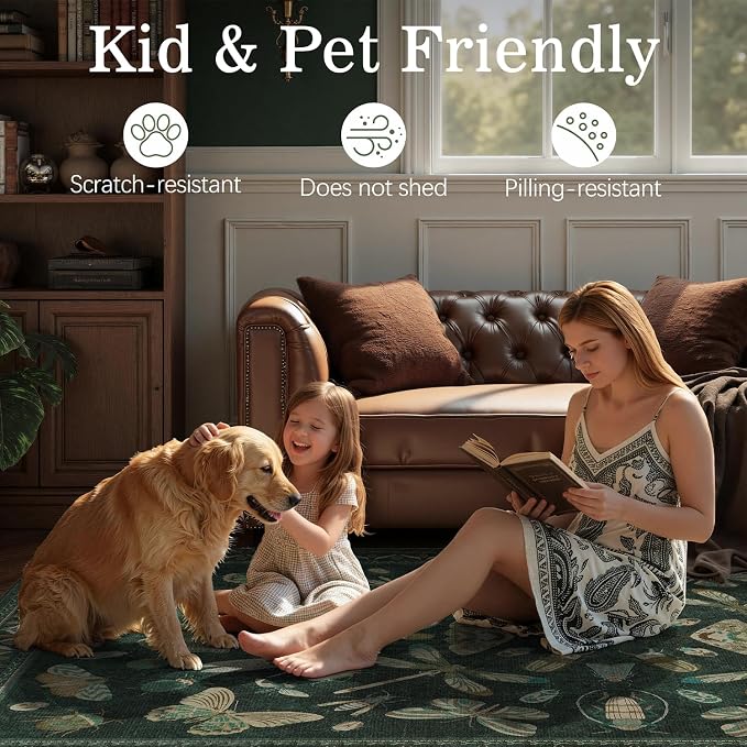 DCX 4x6 Washable Bug Rug for Living Room, Soft Low Pile Rug, Dark Green | Easy to clean, non-shedding, soft, kid & pet friendly, with a non-slip rubber backing for bedrooms, and nature-themed decor
