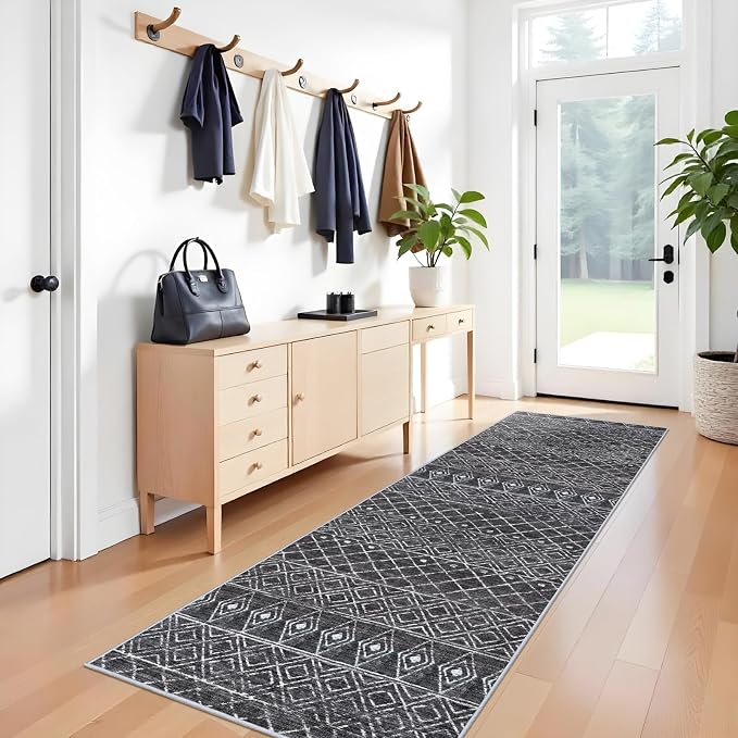 3x10 Washable Moroccan Non Skid Rug:Kitchen Runner Rugs for Hallways Black | Modern Geometric Low Pile Beside Runner Rugs with Rubber Backing Floor Mat Indoor Rug for Entryway