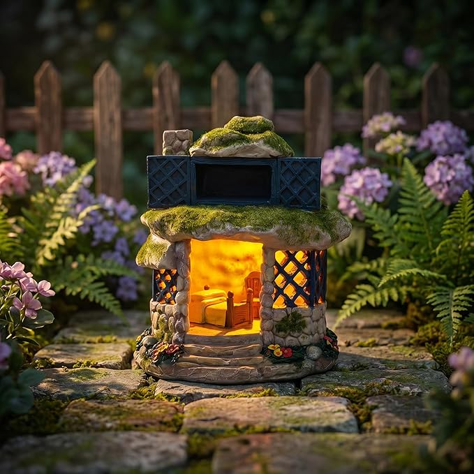 COWOS 2-Tier Fairy Garden Stone Cottage, Resin Moss House with Lattice Windows, Outdoor Patio Yard Decor, Landscape Ornament for DIY Fairy Garden & Bonsai