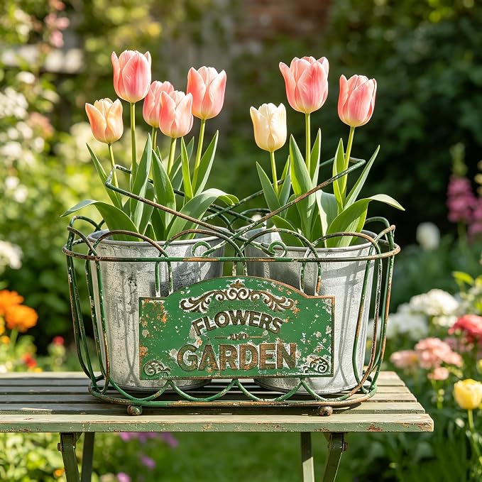 Vintage 2-Piece Metal Planter Set, Distressed Green Iron Wire Basket with Flowers Garden Sign, Rustic Farmhouse Plant Pots for Tabletop, Window Sill & Balcony Decor (Green)