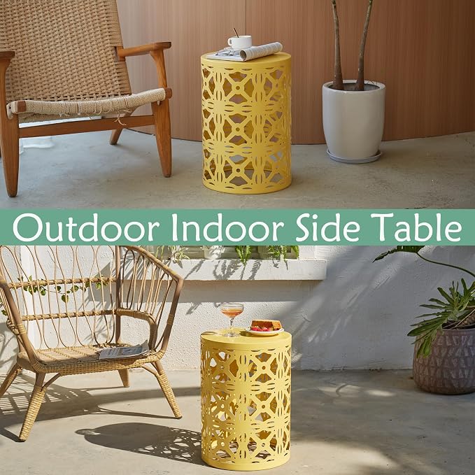 Y&M Outdoor Side Tables Set of 3, Round Metal Stacking Patio Side Tables, Indoor & Outdoor End Tables, Decorative Garden Stool Plant Stand for Patio, Garden, Balcony, Porch, Yellow