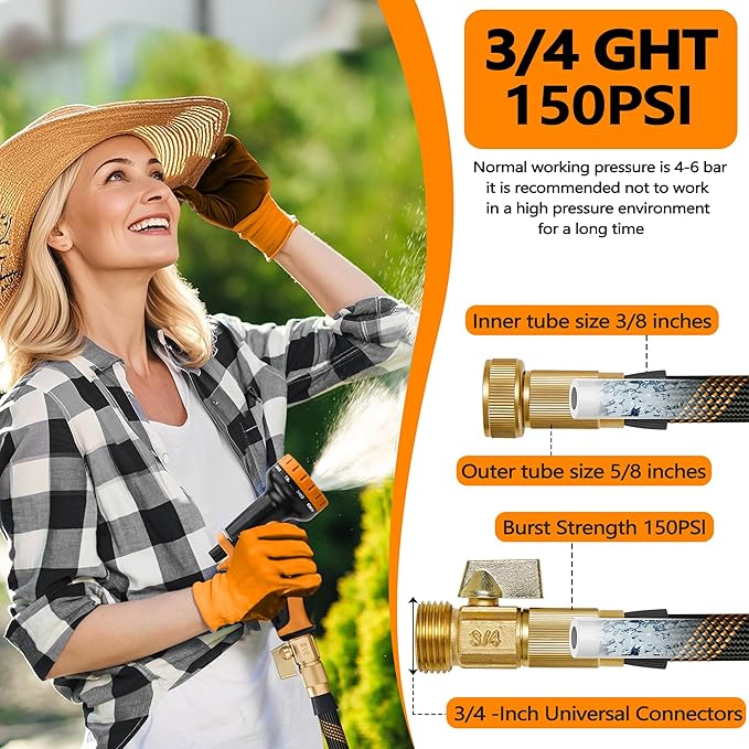Flexible Garden Hose 25 FT, Ultra Lightweight Water Hoses w/10 Function Sprayer and 3/4" Brass Fittings, Kink-Free, Sturdy, Abrasion Resistant for Yard, Lawn, Outdoor and Gardening(Black Orange)