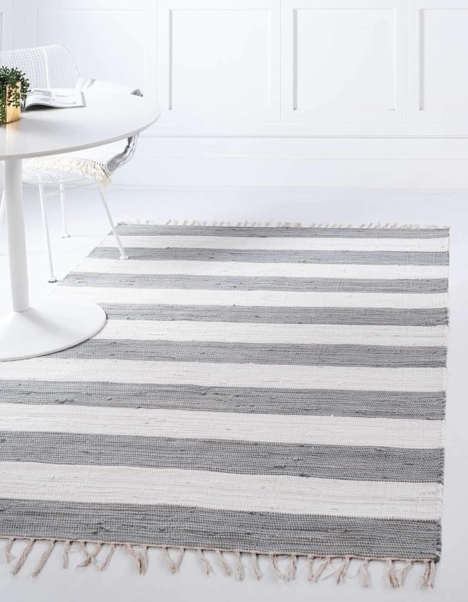 Unique Loom Chindi Rag Collection Area Rug - Striped (8'x 10' Rectangle, Gray/ Ivory)