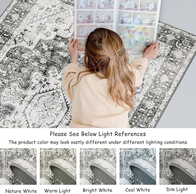 Moynesa Ultra-Thin Washable Area Rug - 5x7 Large Gray Rug for Living Room Vintage Rugs for Bedroom, Non Slip Non Shedding Pet Friendly Dining Room Mat Carpet for Department Office Kitchen