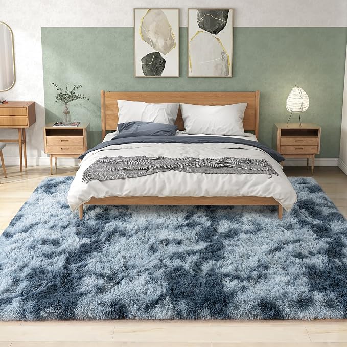 10x14 Large Fluffy Area Rugs for Living Room, Tie-dye Blue Grey | Upgrade Non-slip, Washable, Flame Resistant, High Pile Big Shag Rug Plush Carpet for Bedroom Kids Room Dorm Home Decor