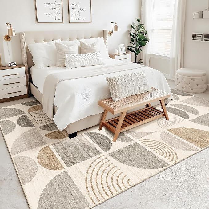 9x12 Area Rugs,Boho Washable Rugs Non Slip Modern Abstract | Large Throw Carpet for Living Room Bedroom Dining Room Soft Low Pile Floor Indoor Bohemian Neutral Beige