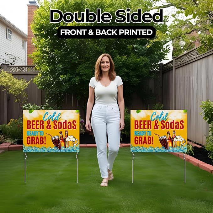 Cold Beer & Sodas - Ready to Grab! Yard Sign by DC | 24"x18" Double Sided Conv. Store Garden Sign with 13” Metal Stakes | Outdoor Signs Waterproof for Lawn, Patio, Sidewalk & House | Set of 5