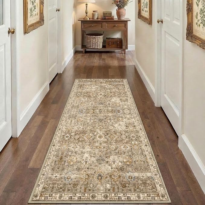 2x6 Hallway Washable Runner Rug : Vintage Soft Kitchen Runner | Vintage Farmhouse Boho Floral Neutral Washable Stain Resistant Indoor Rugs for Home Decor