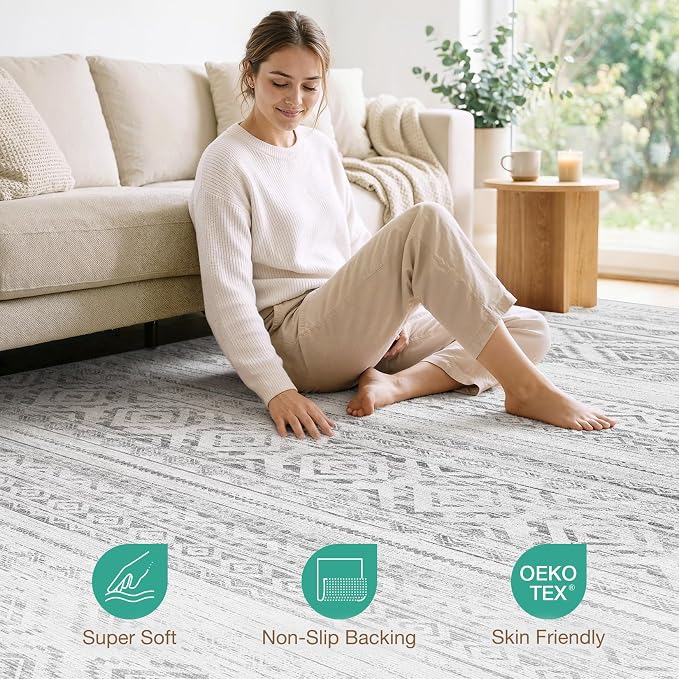 cotiled Boho 9x12 Area Rug for Living Room: Large Moroccan Washable Rug | Stain Resistan Carpet for Bedroom Farmhouse Dining Room Grey